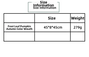 Detailed size chart for autumn pumpkin wreath showing 45x8x45cm dimensions and 279g weight