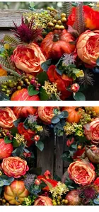 Close-up of autumn wreath featuring orange roses, mini pumpkins, and festive berries