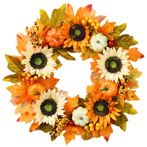 Couronne de Récolte d'Automne Tournesols Citrouilles Feuilles d'Érable Baies Couronne d'Automne Artificielle Halloween Décoration de Porte