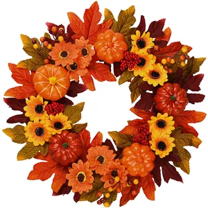 Harvest Autumn Wreath Artificial Maple Leaf Sunflower Pumpkin Berry Halloween Thanksgiving Front Door Rustic Home Decor