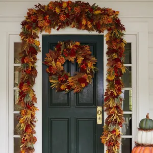 Artificial autumn wreath and garland set with colorful maple leaves for front door decor