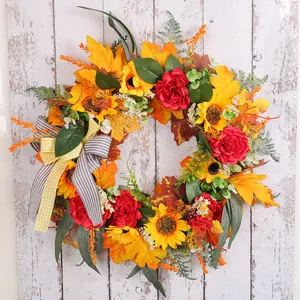 Fall harvest wreath with sunflowers, red peonies and maple leaves for front door decor