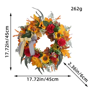 Autumn harvest wreath with maple leaves and sunflowers for door decoration, 17.72 inches