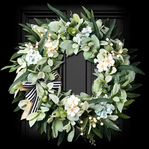Künstlicher Lammsohr Kranz Mit Seidenblumen Und Gestreifter Schleife Bauernhaus Grün Haustür Wanddekoration