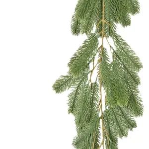 Lush green PE artificial Christmas pine garland with realistic needle texture on white background