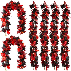 Guirnalda de Hojas de Membrillo Artificiales Halloween Negro Rojo Naranja Seda Enredadera Ratán Para Interior Otoño Hogar Decoración