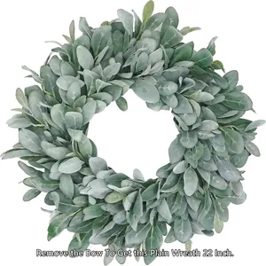 Ghirlanda di orecchie di agnello artificiali floccate da 22 pollici con fogliame grigio-verde