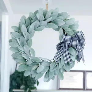 Artificial Lamb's Ear Wreath Gingham Bow Sage Green Flocked Decorative Garland For Front Door Wall Home Decor