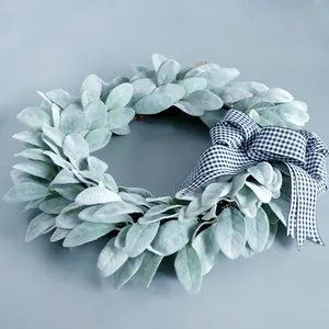 Artificial eucalyptus lamb's ear wreath with black and white plaid bow for home decoration