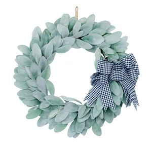 Artificial eucalyptus wreath with flocked leaves and black white gingham bow for door decor