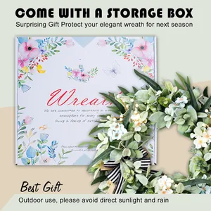 Künstlicher Lämmerohr-Kranz mit weißen Blumen, Streifenschleife und Dekobox für Frühling