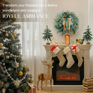 Close-up of 60cm Christmas wreath with pine cones and golden bells over a fireplace