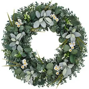 Künstlicher Eukalyptus- und Gänseblümchenkranz für Haustür, 60cm grüner Blätterkranz