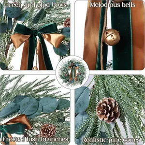 Detail of 60cm Christmas wreath showing velvet bows, pine cones and gold bells