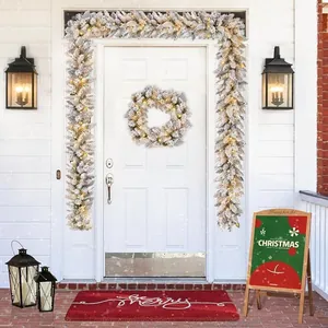 9ft flocked Christmas garland and wreath set with warm LED lights for home decor