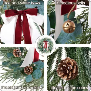 Detail of 60cm Christmas wreath with velvet bows, bells, frosted branches and pine cones