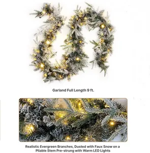 Macro detail of 9ft flocked Christmas garland with warm LED lights and snowy PE needles