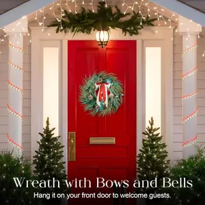 60cm Artificial Green Christmas Wreath with Pinecones, Red Bow and Golden Bells for Door