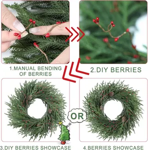 Détail DIY montrant des branches de baies rouges flexibles pour couronne de Noël
