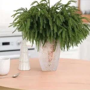 Close-up of realistic artificial Norfolk pine branch in a vintage gray ceramic vase