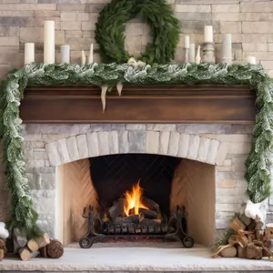 Guirlande de Noël verte avec neige artificielle sur un manteau de cheminée en bois