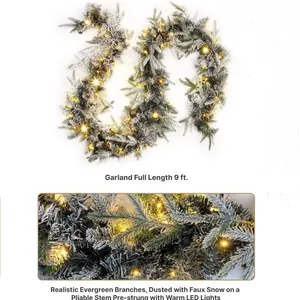 9ft flocked Christmas garland with warm LED lights for fireplace mantel decoration