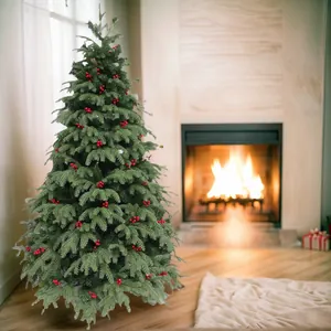 Cozy living room detail featuring a dense green Christmas tree with red berry accents