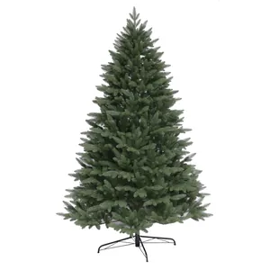 Deep green 5-fork PE artificial Christmas tree with sturdy black metal stand on white background