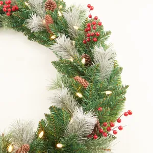 Pre-lit 180cm Christmas garland with pine cones, red berries and warm LED lights