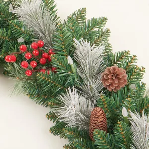 Green Christmas garland 180cm with red berries pine cones and frosted needles