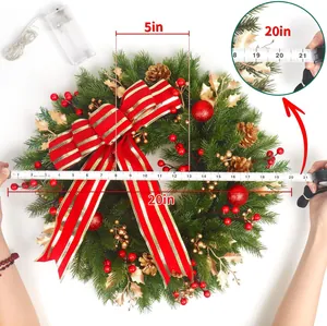 20 inch Christmas wreath with red berries, pine needles, golden cones and LED lights