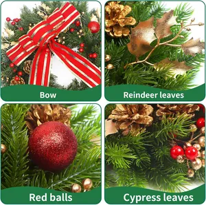 Detailed Christmas wreath parts with red bow, golden reindeer leaves and red glitter balls