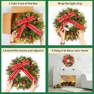 Detailed step-by-step assembly of a Christmas wreath with berries, cones and LED lights