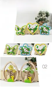Detail of laser-cut wooden Easter ornaments featuring heart and floral motifs with jute twine