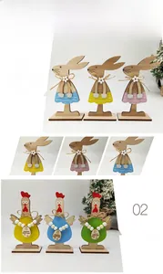 Detail of wooden Easter rabbit and chicken ornaments with jute bows and beads
