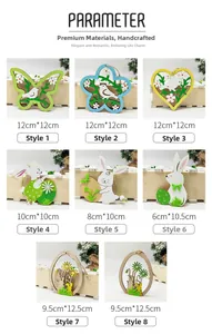 Size specifications for various wooden Easter bunny and flower ornaments with dimensions