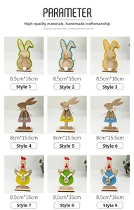 Detailed grid showing nine styles of wooden Easter bunny and chick tabletop ornaments