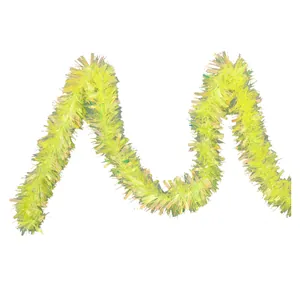 Fluffy 9cm iridescent rainbow tinsel garland in bright lime yellow for Christmas decor