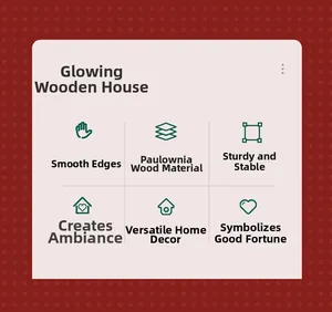 Detailed specs of LED wooden house ornament showing paulownia wood texture and structure