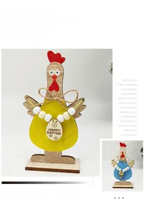 Close-up of Easter wooden chicken ornaments with beads, jute bow, and engraved floral patterns