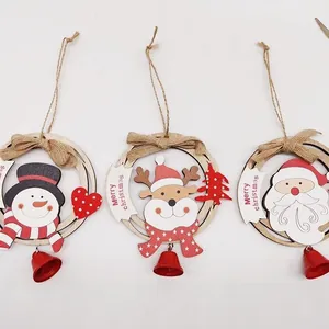 Christmas Wood Hanging Ornaments Santa Snowman Reindeer Decor With Red Metal Bell Linen Bow For Xmas Tree Party Home Decoration