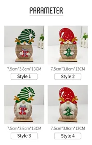 Detail of four festive wooden Santa gnome ornaments with plush beards and XMAS decor