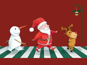 Artistic watercolor Christmas illustration of Santa, Snowman, and Reindeer crossing the road