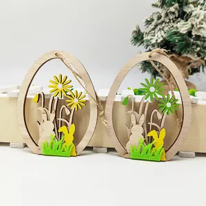 Easter wooden bunny egg hanging ornaments with floral motifs and natural jute twine