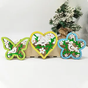 Three-piece Easter wooden hangers with bird designs in heart, butterfly, and flower shapes