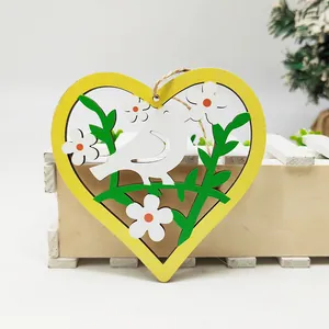 Easter heart wooden hanging ornament with bird and floral pattern in Nordic style