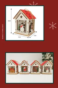 Detailed view of luminous wooden Christmas house ornaments with 9cm height dimensioning