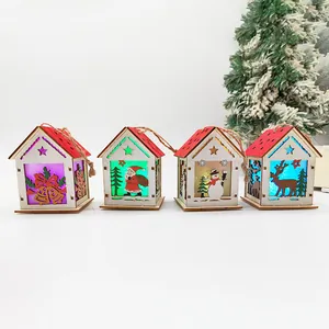 Set of 4 glowing Christmas wooden house ornaments with colorful LED lights and jute rope