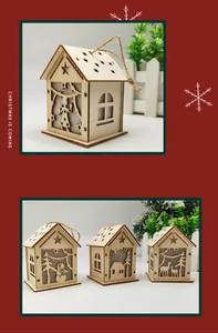 Detailed laser-cut wooden Christmas cabin ornament with angel and snowman patterns