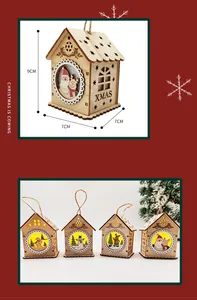 Detail view of wooden LED Christmas house hanging ornaments with Santa and reindeer motifs